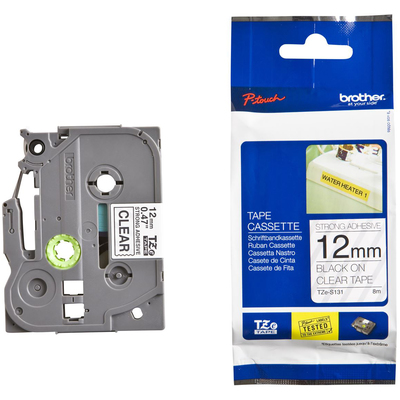 Giấy In Nhãn Brother Chữ Đen Nền Trong Suốt Siêu Dính - Khổ 12mm x Dài 8M (TZe-S131)