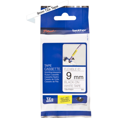 Giấy In Nhãn Brother P-Touch Black On White - Chống Thấm Nước - Siêu Dẻo - Khổ 9mm x Dài 8m (TZe-FX221)