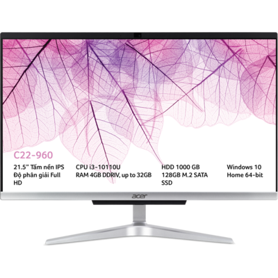 Máy Tính Đồng Bộ Acer Aspire C22-960 Core i3-10110U/4GB DDR4/1TB HDD + 128GB SSD/21.5" Full HD/Win 10 Home SL (DQ.BD8SV.001)
