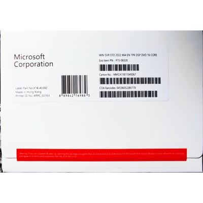 Phần Mềm Microsoft Software Windows Svr Std 2022 64Bit English 1pk DSP OEI DVD 16 Core (P73-08328)