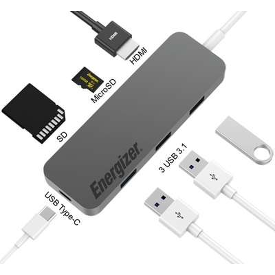 Thiết Bị Chuyển Đổi Energizer  USB 3.1 Type-C Thành 3 Cổng USB 3.0 + USB Type-C + SD + microSD + HDMI (HC3MPGY4)