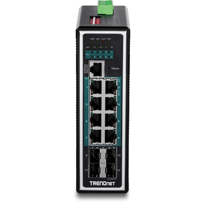 Thiết Bị Chuyển Mạch TrendNet Managed DIN-Rail 12-Port Hardened Industrial Gigabit PoE+ Layer 2+ (TI-PG1284i)